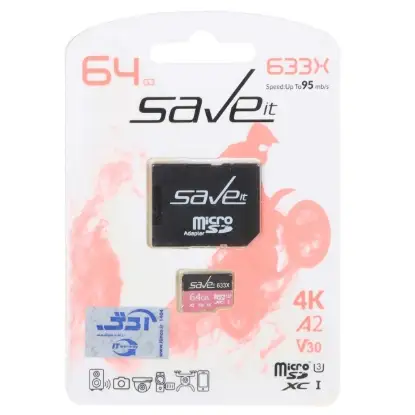 نمایش جزئیات کارت حافظه MICROSDHC سیو ایت مدل 633X کلاس 10 استاندارد U3 سرعت 95MB/s ظرفیت 64 گیگابایت همراه کارتخوان