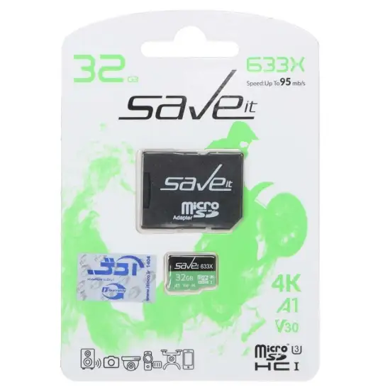 تصویر کارت حافظه MICROSDHC سیو ایت مدل 633X کلاس 10 استاندارد U3 سرعت 95MB/s ظرفیت 32 گیگابایت همراه کارتخوان