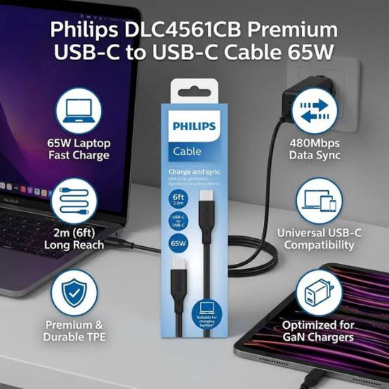 تصویر کابل تبدیل USBC به USBC فیلیپس مدل DLC4561CB طول 2 متر