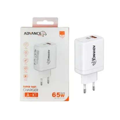 نمایش جزئیات شارژر دیواری 65 وات دو پورت ادونس مدیا مدل A-K1