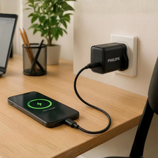 تصویر شارژر دیواری 30 وات فست تک پورت فیلیپس مدل DLP5312 همراه کابل تبدیل USB-C