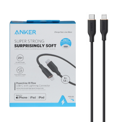 نمایش جزئیات کابل تبدیل فست USB-C به لایتنینگ انکر مدل A8663 طول 1.8 متر