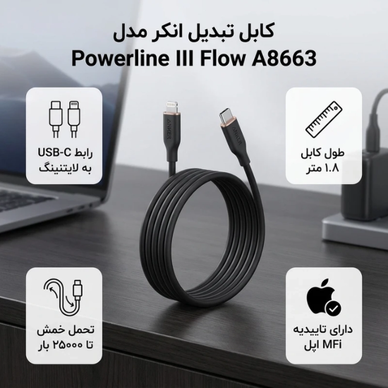 تصویر کابل تبدیل فست USB-C به لایتنینگ انکر مدل A8663 طول 1.8 متر