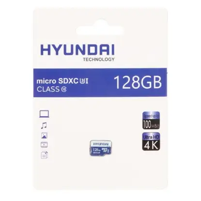 نمایش جزئیات کارت حافظه microSDHC هیوندای مدل U3 کلاس 10 استاندارد سرعت 100MBps ظرفیت 128 گیگابایت
